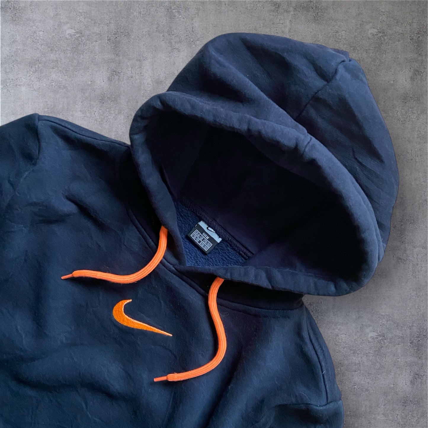 VINTAGE Nike 2000s Center Swoosh Hoodie Kids – Navy / Orange – Gr. M