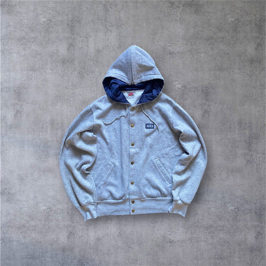 VINTAGE Nike 90s Varsity Sweat-Jacke – Grau/Navy – Zip-Kapuze – Gr. M (fittet wie S)