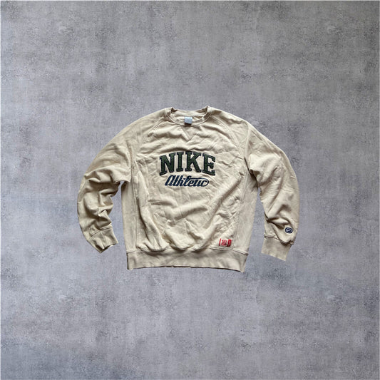 VINTAGE Nike 2000s Athletic Crewneck – Creme / Dunkelgrün – Chenille Logo – Gr. L