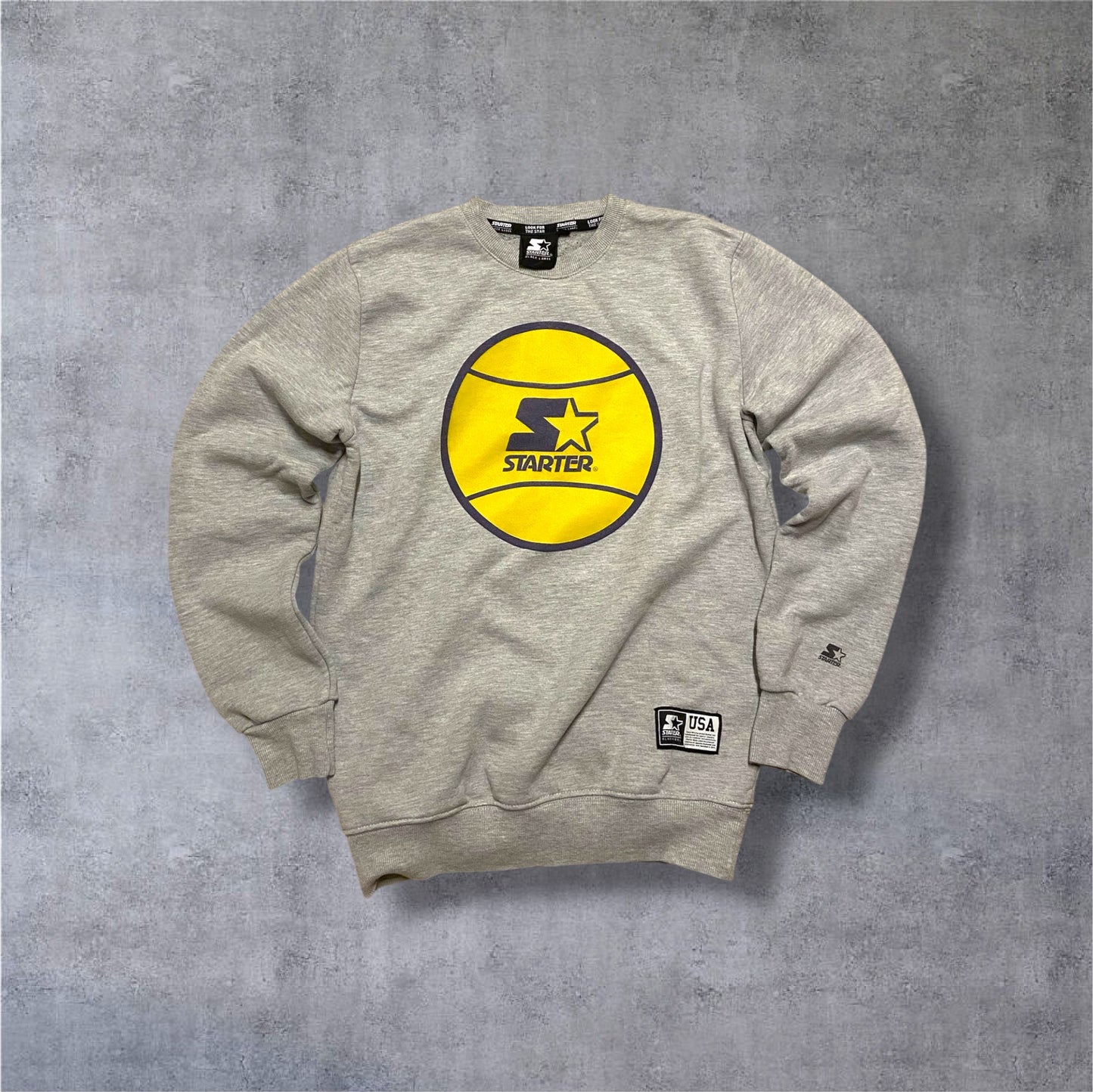 VINTAGE Starter Black Label Sweater – Big Logo Print – Grau/Gelb – Gr. S