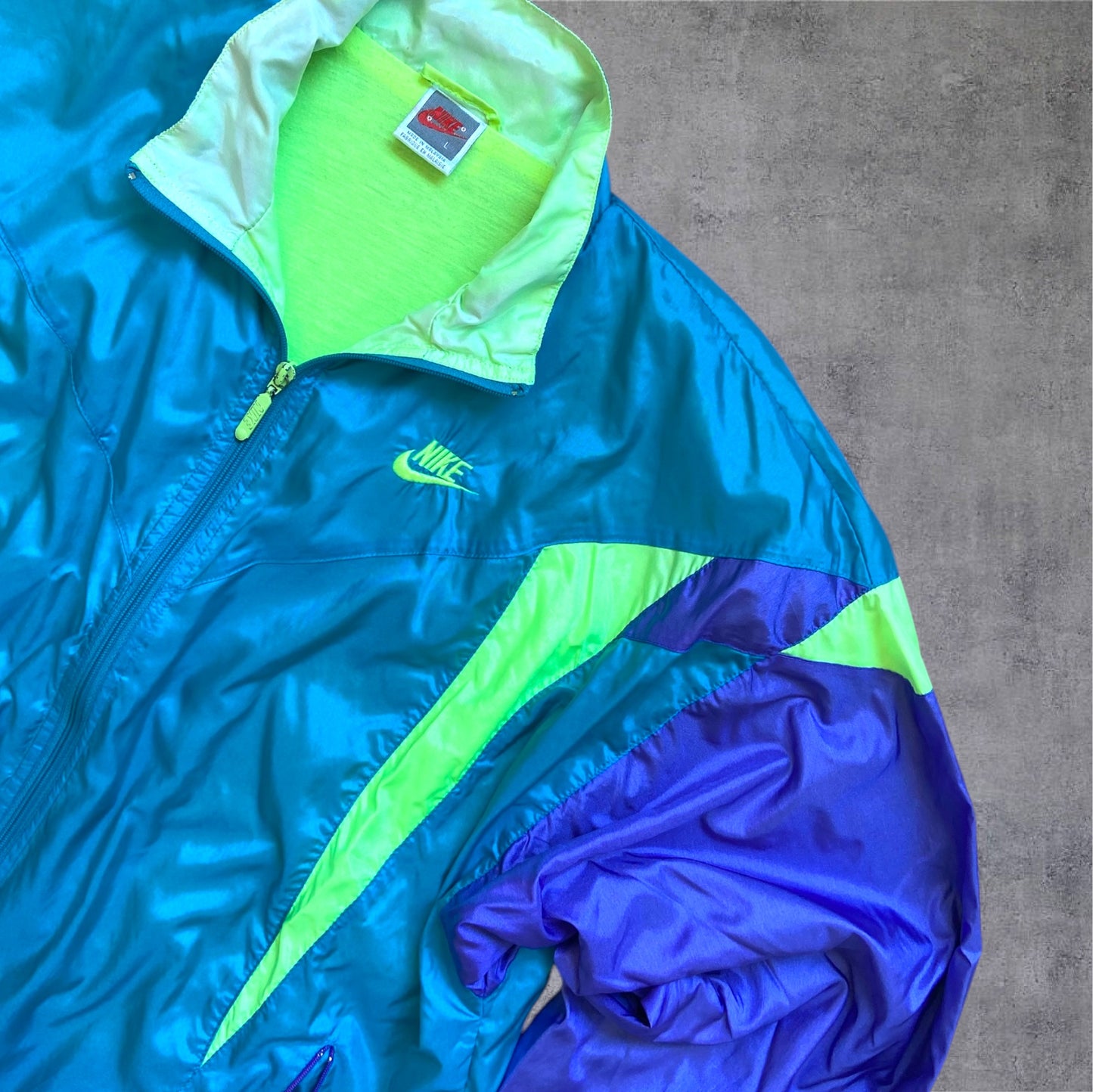 VINTAGE 90s Nike Orange Tag Tracksuit – Full Set – Neon Türkis/Volt/Violett – Gr. L