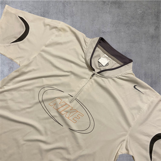 VINTAGE Nike 2000s 1/4 Zip Sports Shirt – Y2K Spellout – Off-White/Orange – Gr. M