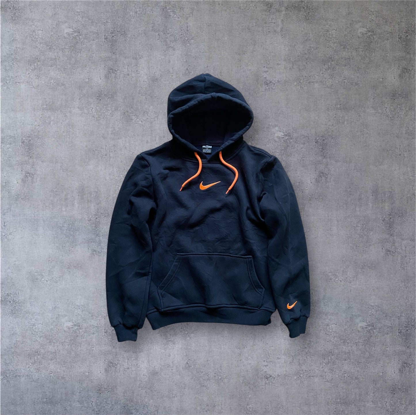 VINTAGE Nike 2000s Center Swoosh Hoodie Kids – Navy / Orange – Gr. M