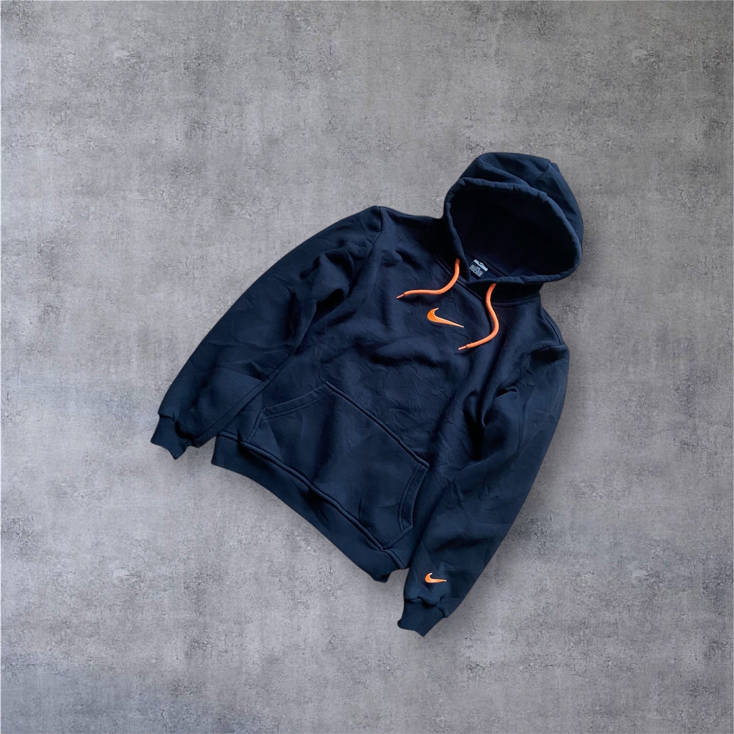 VINTAGE Nike 2000s Center Swoosh Hoodie Kids – Navy / Orange – Gr. M