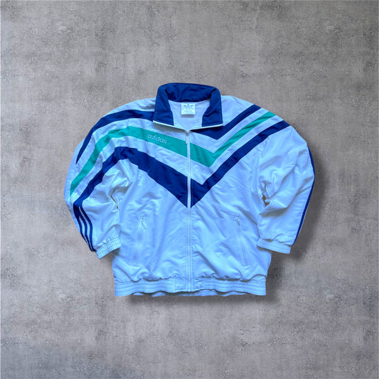 VINTAGE 90s Adidas Trackjacket – Weiß / Türkis / Blau – Backprint Logo – Gr. L