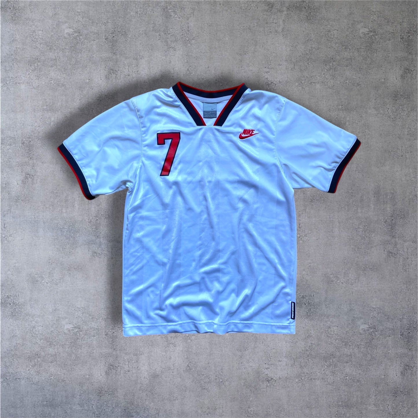 VINTAGE 90s Nike Teamwear Trikot – #7 – Weiß/Navy/Rot – Kindergröße L