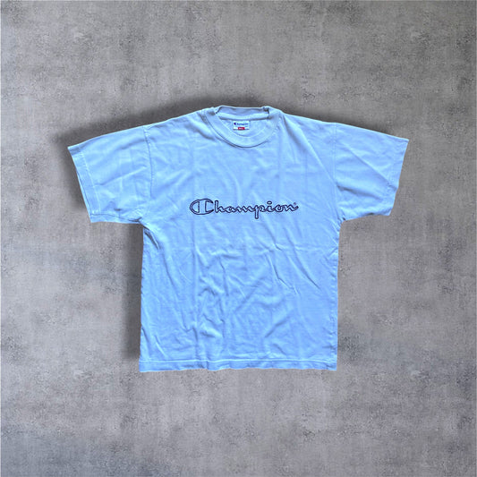 VINTAGE 90s Champion Center Logo Shirt – Großer Stick – Weiß – Gr. S