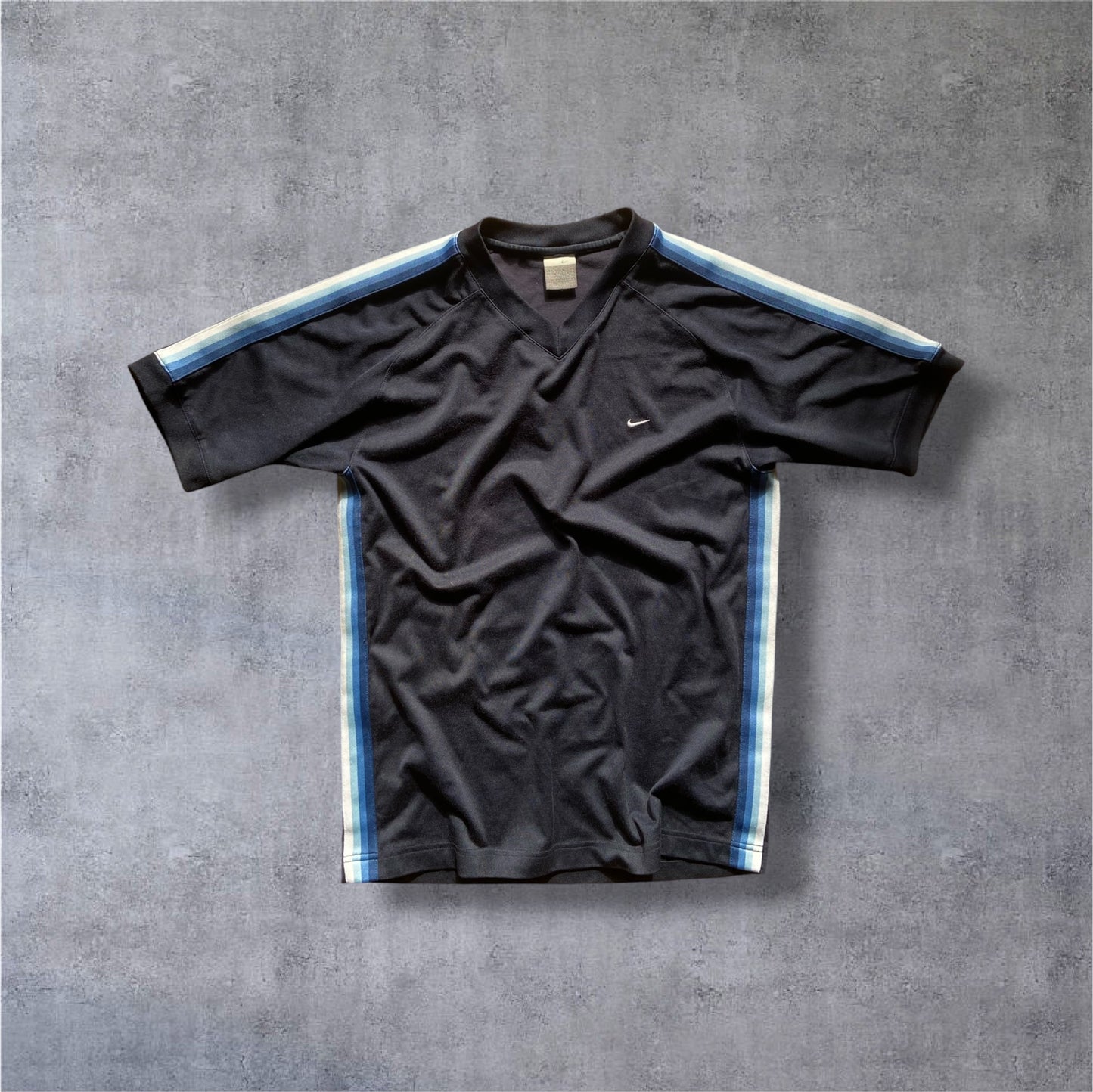 VINTAGE Nike 90s/Y2K Silver Tag Shirt – Heavy Cotton – Black/Blue Stripes – Gr. S