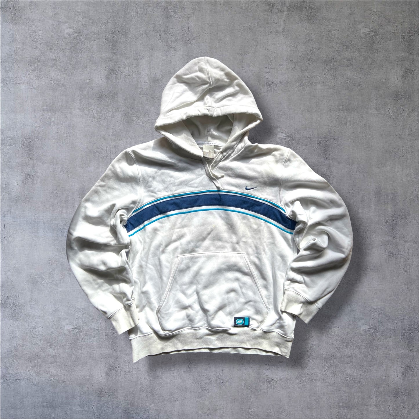 VINTAGE Nike 2000s Silver Tag Hoodie – Off-White/Navy – Damen Gr. M (Cropped Fit)