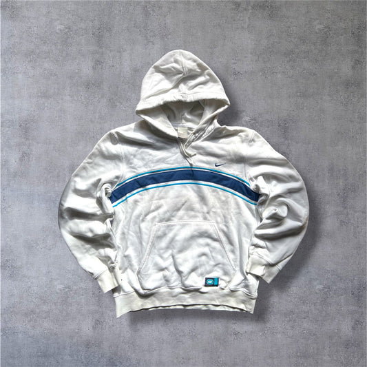 VINTAGE Nike 2000s Silver Tag Hoodie – Off-White/Navy – Damen Gr. M (Cropped Fit)