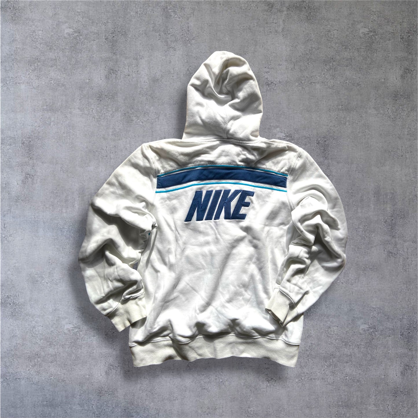 VINTAGE Nike 2000s Silver Tag Hoodie – Off-White/Navy – Damen Gr. M (Cropped Fit)