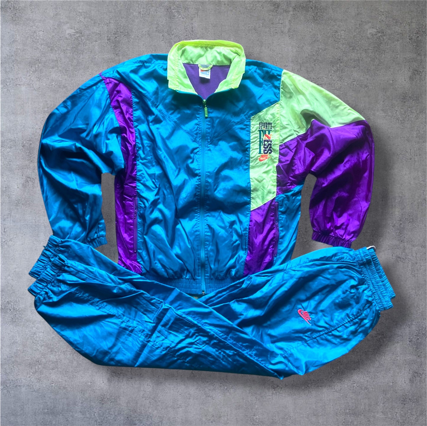 VINTAGE 90s Nike Grey Tag Fitness Tracksuit – Royal Blue / Purple / Neon Green – Gr. M